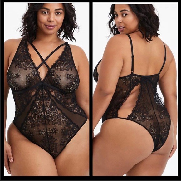 TORRID NWT STRAPPY PLUNGE BODYSUIT - LACE BLACK - Picture 1 of 6